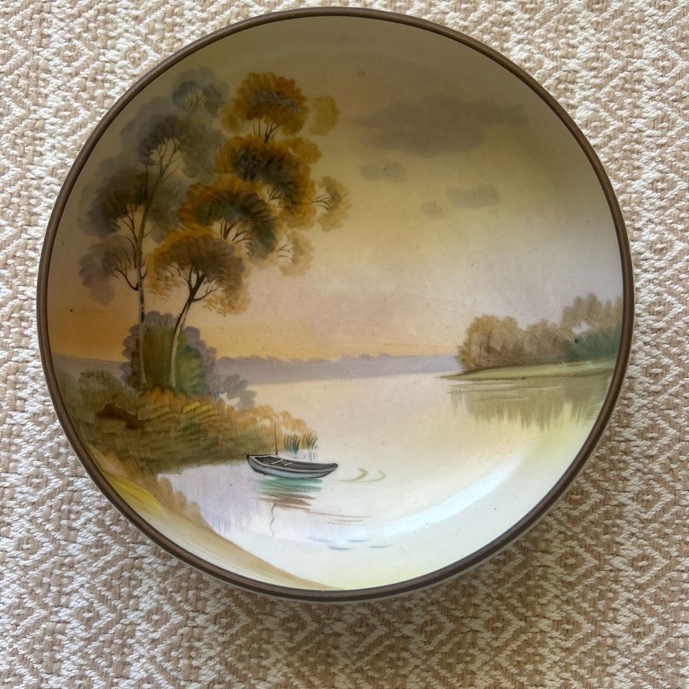 Vintage Scenic Hand painted Nippon Footed Bowl w/Lake And Trees 6" Diameter
